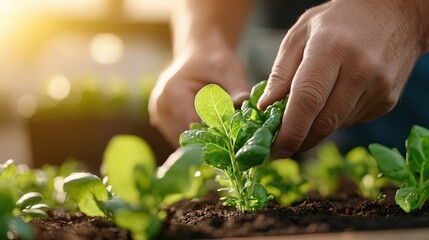 Gardener's hands are focused on carefully tending spinach plants in a moist, lush green garden, illustrating attention, care, and organic growth.