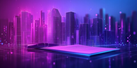  buildings with paper contract with a pen illustration and glowing dots for website design and digital marketing concept illustration. violet and blue background. Low-poly wire frame.