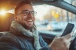 © Rising Monk - Smiling man or driver driving car and using smartphone.Transport, vehicle and technology concept, Generative AI