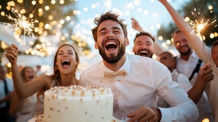 a joyous birthday celebration featuring a happy man with cake, sparklers, and friends, capturing the