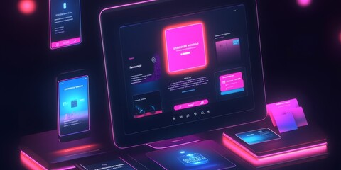 A sleek E-commerce online Shopify website interface with glowing, vibrant colours, 3D elements, and fast payment options like Apple Pay and Google Wallet