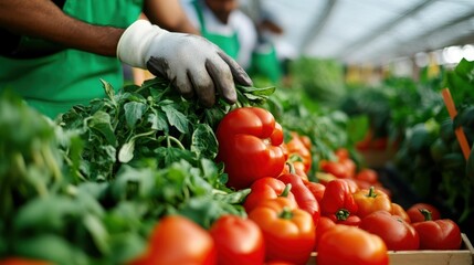 A worker arranges vibrant red bell peppers and greens at a market stand under natural light, showcasing the freshness and quality of the vegetables available.