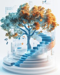 Wall Mural - 3d illustration of big tree,growth in the middle of the spiral steps, with icons representing busine