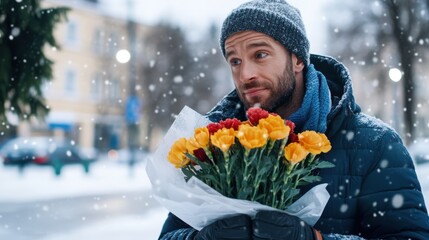 A man warmly dressed in winter clothing, holding a bouquet of vibrant tulips, stands amidst softly falling snow, blending warmth and cool elements in a wintry landscape.