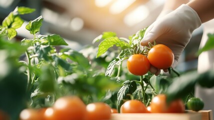 A gardner with gloves gently picks vibrant, ripe tomatoes from a healthy, green plant in a sunlit greenhouse, showcasing sustainable agricultural practices.