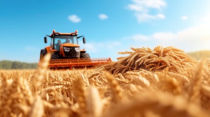 An orange tractor efficiently harvests a ripe wheat field under a bright sky, symbolizing the strength of human effort and the promise of fruitful returns in agriculture.