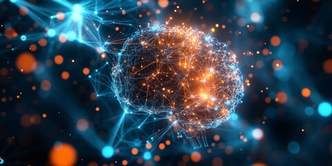 Wall Mural - artificial intelligence brain, connections, holograms, lights