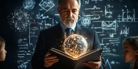 university male teacher 60 years old with moustache standing in front in the suit, with background of Globus, school whiteboard in natural daylight.