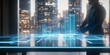 © Supremetones - holographic table of an architect where he is projecting a building, futuristic office by day with a window in the background;