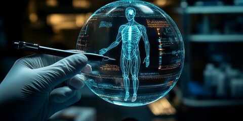 Wall Mural -  A hand in white gloves holds a pen and draws a holographic human figure inside a glass sphere with digital medical data on a laboratory background, an AI technology concept. 