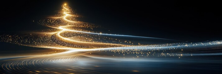 Poster - This artwork features a swirling design resembling a Christmas tree, radiating glowing lights in a dark environment, celebrating the holidays. Generative AI