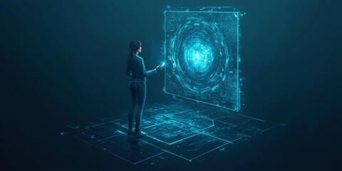 Wall Mural - a realistic full body photo isometric of a woman from 2050 interacting with a sustainable hologram, 
