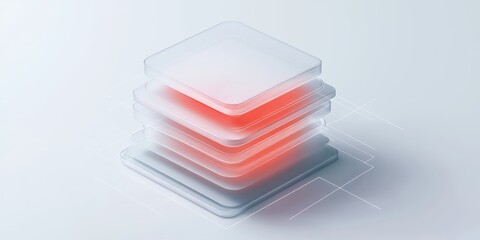 five thin, stacked layers of transparent and white matt glass, in shapes of an app icon whit round e