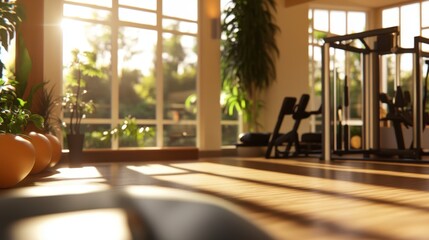 This open and sunlit gym space has exercise machines with a view of vibrant greenery, promoting harmony, wellness, and an inviting atmosphere in natural lighting.