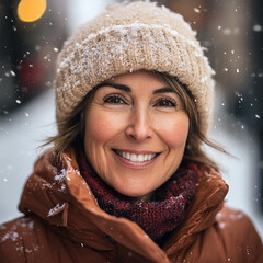 Wall Mural - portrait of a 50 year old woman in winter attire. Snowy winter city day in the background. 