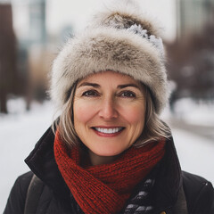 Wall Mural - portrait of a 50 year old woman in winter attire. Snowy winter city day in the background. 