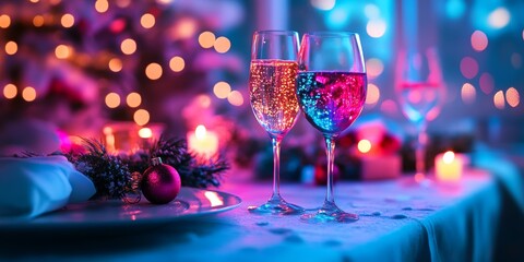 Wall Mural - stylish dinner, christmas, christmas lights, snow, magenta