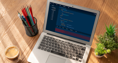 Software development programming on computer screen for modish application and program coding