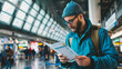© elenarostunova - The young man in glasses, dressed in a blue jacket and scarf, with a backpack behind him, is checking his flight details at the airport terminal. Travel.