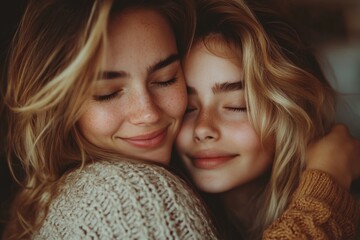 Mother and daughter connection. Woman hugging her child, bonding and enjoying spending time with each other at home, Generative AI