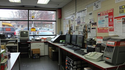 Wall Mural - An office interior filled with various electronic devices, desks cluttered with papers, multiple computer monitors, and large windows overlooking parked cars in an urban setting