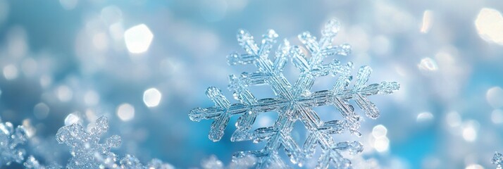 Aufkleber - Delicate and shimmering snowflakes rest gently on a soft blue surface, showcasing the intricate patterns of winter's beauty. Generative AI