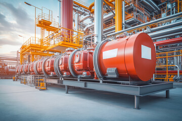 A gas production plant with huge red and orange tanks, pipes, and structures in the background.