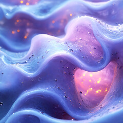 Poster - Wavy surface resembling a thick shimmering liquid with smooth transitions from blue to pink. Bright light effects highlight flowing organic shapes in a futuristic style