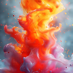 Poster - Bright abstract illustration with swirling flows and floating drops of colored flowing liquid in shades of blue and orange