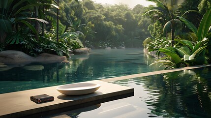 Wall Mural - place a soap dish and wireless charging station next to a calm pool ringed by a jungle
