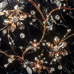 Poster - A luxurious pattern of golden flowers decorated with sparkling and shimmering diamonds on a black marble surface
