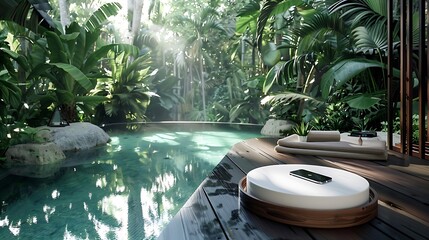 Wall Mural - place a soap dish and wireless charging station next to a calm pool ringed by a jungle