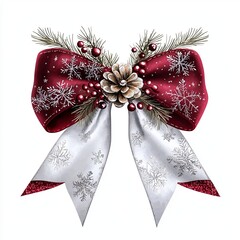 Wall Mural - Elegant red and silver christmas bow with pinecone and snowflakes for holiday decor and festive celebrations