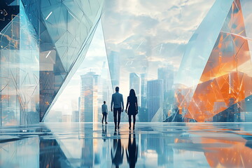 Aufkleber - Futuristic professionals navigating an innovative urban skyline a journey through time and technology