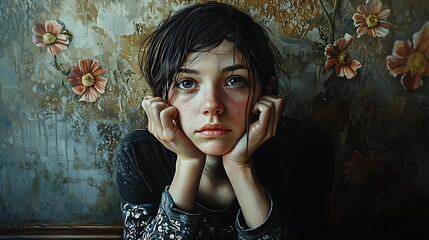 Poster - Contemplative young girl surrounded by delicate floral patterns capturing a moment of reflection and emotion