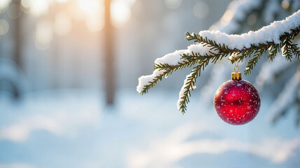 Red Christmas ornament hanging on snowy branch with soft winter light in forest