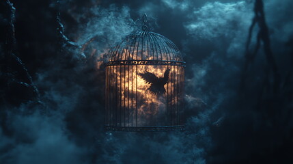 Aufkleber - Enigmatic birdcage illuminated by a mysterious shadowy bird emitting ethereal light in a foggy forest setting