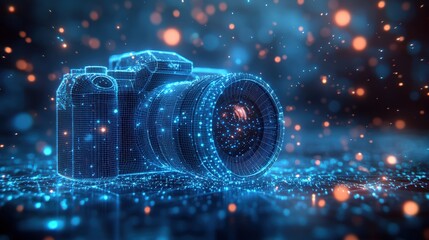 Polygonal wireframe camera with blue particles and connections on a dark background