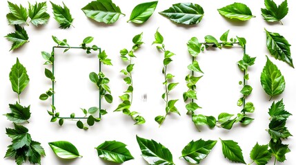 Set of frames made up of fresh green leaves cut out on white background