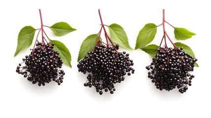 Wall Mural - Set of three bunches of elderberries isolated on a white background