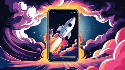 Poster - rocket launch from smartphone illustration