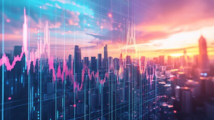 Poster - Cityscape with Stock Market Chart Overlay