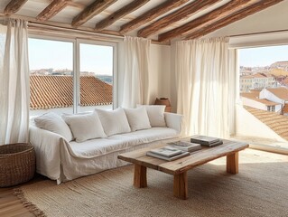 Poster - A living room with a white couch and a coffee table