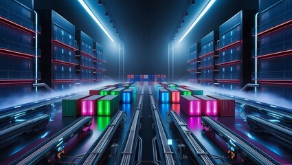 Poster -   Neon Shipping Containers in Digital Futuristic Warehouse
