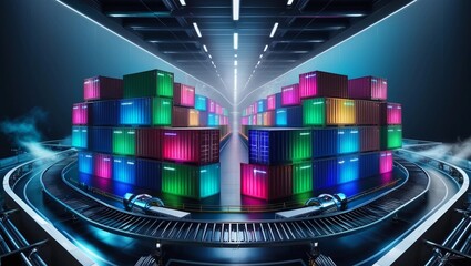 Poster -   Neon Shipping Containers in Digital Futuristic Warehouse