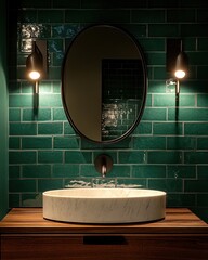 Poster - A green tiled bathroom with a white sink and a mirror