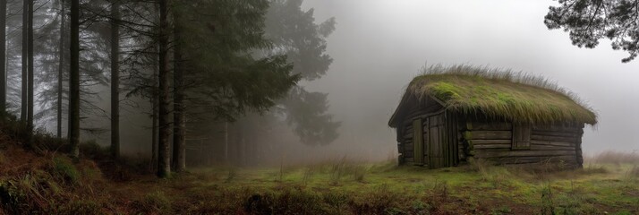 Wall Mural - A small cabin is surrounded by trees and a foggy sky. The cabin is covered in moss and he is abandoned. Concept of solitude and mystery