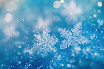 Aufkleber - Two shimmering snowflakes glisten on a soft blue backdrop, capturing the beauty of winter and the magic of falling snow. Generative AI