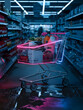 © Leonardo - Supermercado con un carrito iluminado en todos sus bordes con luces de neón rosas y azules
