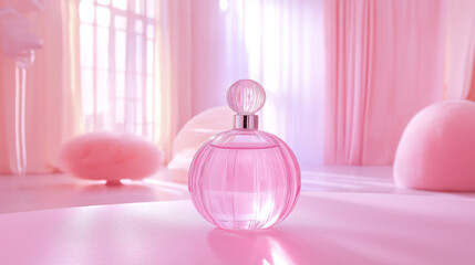 pink perfume bottle in a pink bedroom.